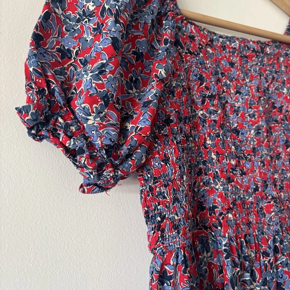 Crewcuts Girls 10 Red Blue Floral Jumpsuit Puff Sleeve Smocked Preppy‎ School